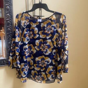 Cabi women's M 3/4 sleeve floral blouse Blue White Dijon yellow gold